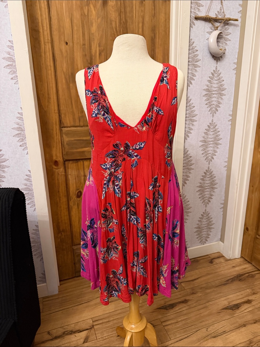 Free People Floral V-Neck Red and Pink Dress